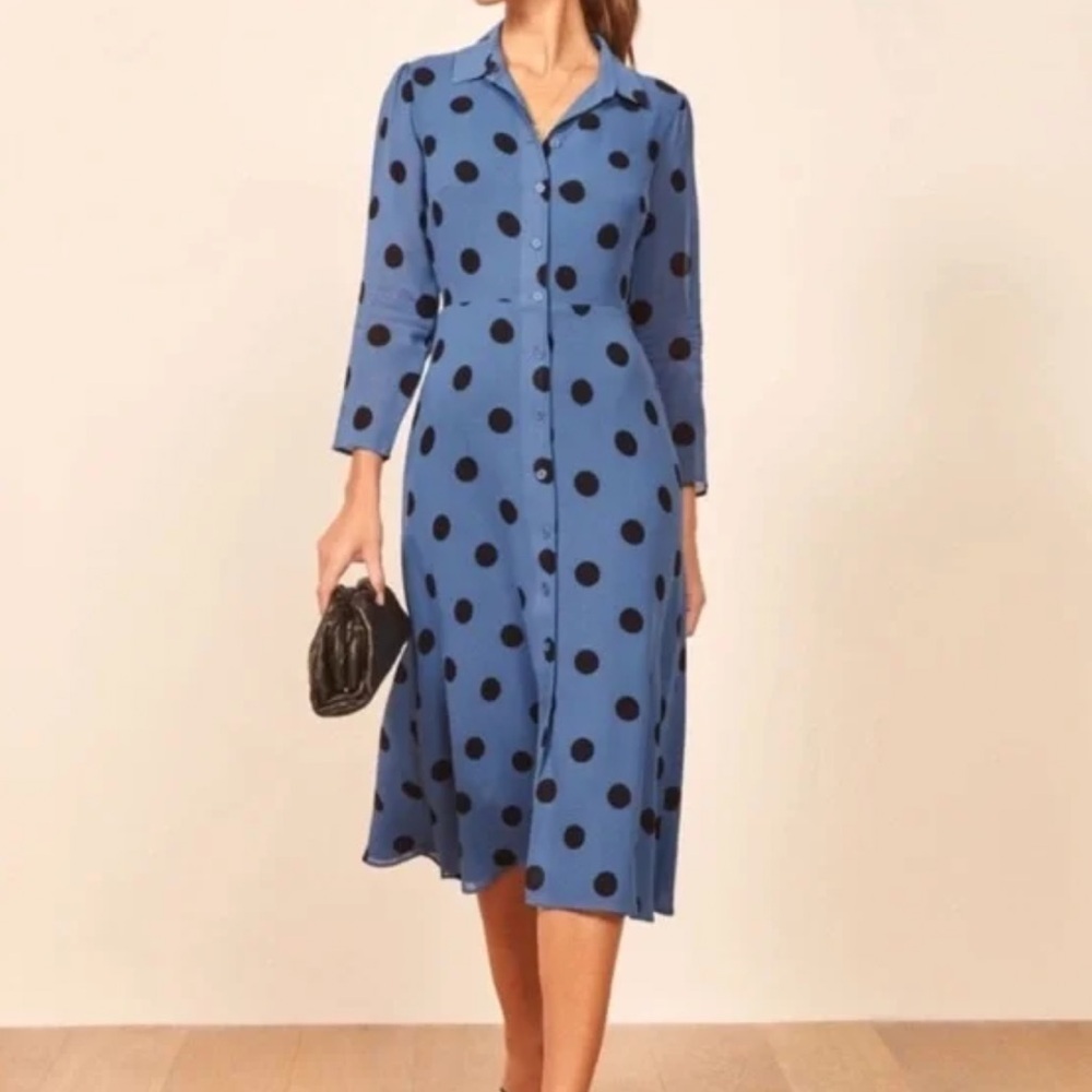 Reformation Blue Midi Shirt Dress with Black Polka Dots